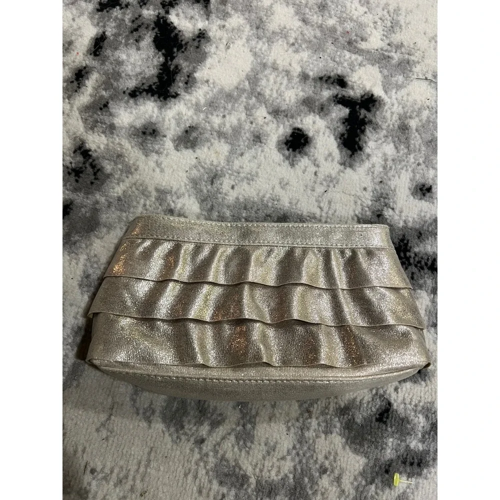Victorias Secret Metallic Champagne Gold Ruffle Makeup‎ Bag Clutch Snap Closure